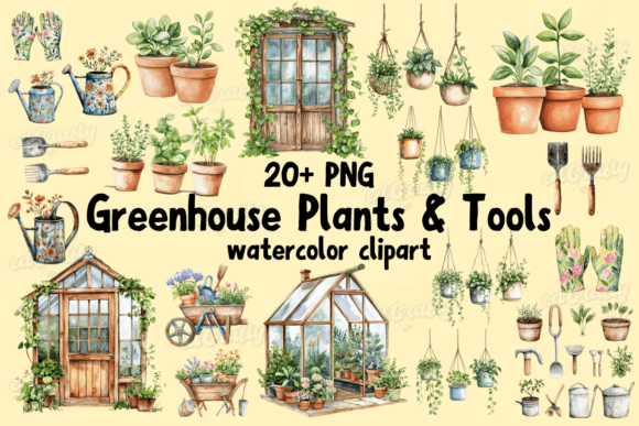 Download Greenhouse Plants &amp; Tools Watercolor PNG - Premium Bundle